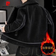 皮爾卡丹（pierre cardin）男士羊羔毛皮毛一體外套搖粒絨秋冬加厚顆粒羊羔絨冬裝夾克男 黑色 M 90-110斤