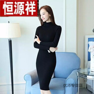 恒源祥新款中領(lǐng)套頭半高領(lǐng)加厚毛衣裙修身長(zhǎng)袖緊身中長(zhǎng)款包臀針織連衣裙 黑色1 XL