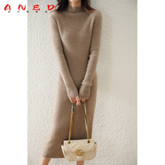 ANED顯高瘦長款修身半高領(lǐng)100%純羊毛衫女打底毛衣秋冬針織連衣裙 駝色 M 165