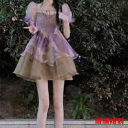 風曉薇【扎染碎花】紫色蓬蓬裙連衣裙夏季泡泡裙子公主仙女短裙 紫色隱形拉鏈/顯瘦遮肚子連衣裙 S 顯瘦遮肚子連衣裙