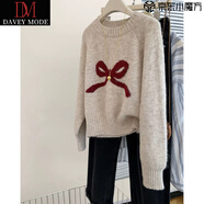 DAVEY MODE灰色蝴蝶結(jié)套頭毛衣女2025秋冬感內(nèi)搭打底衫針織衫上衣 燕麥色 L 建議110-125斤