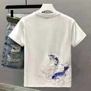 淘茲朗2025新款秋季中國風(fēng)刺繡錦鯉純棉T恤短袖男青年重工時(shí)尚t恤ins潮 0112錦鯉拍浪刺繡白色 3XL