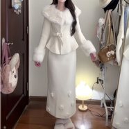 玉極虞秋冬千金感毛呢外套小香風毛領(lǐng)收腰氣質(zhì)法式半身裙新款套裝女 半裙+上衣(配可拆卸毛領(lǐng)) XS