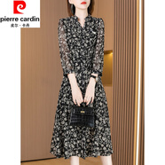皮爾卡丹（pierre cardin）真絲長袖連衣裙女春秋季新款時尚洋氣高端桑蠶絲碎花裙 黑色 L 【建議106-115斤】