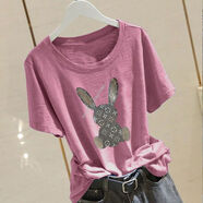 Radinka2026夏新款竹節棉鑲鉆純棉短袖T恤女韓寬松白色上衣HBN 1214#【燙鉆兔子】紫紅色 M 