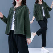 索宛亦（SUOWANYI）燈芯絨短外套女2021初秋新款寬松大媽純色復(fù)古春秋蕾絲邊休閑開(kāi)女 綠色 XL 建議115-125斤
