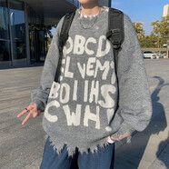 POUM毛衣男冬季國潮嘻哈不規則破洞針織衫設計感保暖滿(mǎn)印字母線(xiàn)衣春季 GCFS-MY9124深灰 2XL