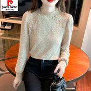 皮爾卡丹秋裝新款蕾絲衫女加絨打底衫女半高領(lǐng)襯衫洋氣時(shí)尚網(wǎng)紅上衣潮 卡其色薄款 XL 115-125斤