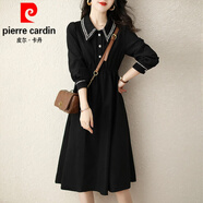 皮爾卡丹（pierre cardin）黑色娃娃領(lǐng)赫本風(fēng)連衣裙2024春秋新款高腰氣質(zhì)減齡翻領(lǐng)中長款裙子 黑色 L 110-119斤