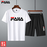 FAHA輕奢品牌短袖T恤男運(yùn)動(dòng)套裝男士春夏新款寬松跑步短褲運(yùn)動(dòng)褲男裝 大F白色短 L（建議135155斤）