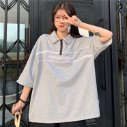 風(fēng)采兔 2022春夏新款寬松polo衫翻領(lǐng)短袖T恤女裝韓版拉鏈學(xué)生半袖ins上衣 灰色 L