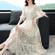 JRH JUN RONG HUANGjrh真絲連衣裙春夏季女裝2025新款桑蠶絲刺繡釘珠款A字裙子 米色 M