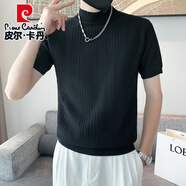 皮爾卡丹春秋男士打底毛衣半高領(lǐng)修身純色短袖針織衫內(nèi)搭上衣修身 黑3302短袖針織 2XL