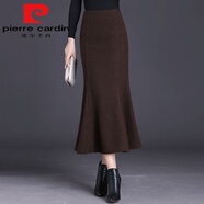 皮爾卡丹（pierre cardin）羊毛呢半身裙女高腰毛呢中長款魚尾裙秋冬季修身包臀裙一步長裙韓 咖啡色 2XL