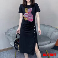 風(fēng)曉薇夏季輕連衣裙重工新款裙子妹時(shí)尚中長(cháng)款t恤女女裙子 036黑色燙鉆熊寶寶/顯瘦遮肚子連衣裙 2XL 130-145斤/顯瘦遮肚子連衣裙