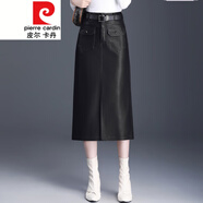 皮爾卡丹（pierre cardin）海寧真皮皮裙女中長(cháng)款2023時(shí)尚高腰咖色a字裙開(kāi)叉包臀半身裙針織 黑色【皮帶】 M