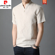 皮爾卡丹（pierre cardin）夏季V領(lǐng)亞麻短袖T恤男薄款棉麻半袖中國風(fēng)休閑男裝國潮麻 淺卡其 165/S