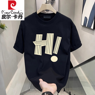皮爾卡丹（pierre cardin）男士美式潮流短袖T恤設計感印花圓領(lǐng)上衣半天體恤衫 黑色【K801 HI】2024新款/t恤男/ 4XL 建議195-210斤