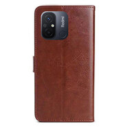 紅米12c手機殼翻蓋式皮套22120RN86C硅膠保護套Redmi12C外殼全包防摔防爆軟邊錢包插卡 棕色@匠心工藝@+全屏鋼化膜+掛繩 紅米12C