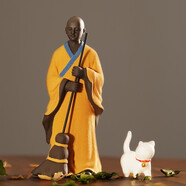 久造創(chuàng  )意陶瓷人物掃地僧禪意小和尚擺件家居客廳博古架復古裝飾品 彩砂掃地僧+小貓/PLQ