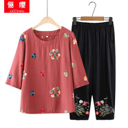 儷纓 時(shí)尚中老年女裝奶奶夏裝棉麻套裝大碼女裝民族風(fēng)刺繡七分袖T恤衫休閑媽媽洋氣寬松上衣褲子兩件套 鐵銹紅色+繡花褲 2XL(建議105-120斤)