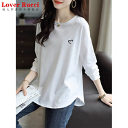 LOVER RUCCI歐貨黑色長(cháng)袖t恤女2025秋冬季寬松中長(cháng)款內搭加絨磨毛純棉打底衫 春秋白色【半愛(ài)心-右】 XL