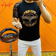 VLZ潮牌男裝夏季個性燙鉆T恤男新款夏裝絲光棉潮流圓領短袖時尚體恤t 黑色 6XL (200-220)斤