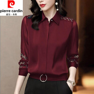 皮爾卡丹（pierre cardin）高端職業(yè)真絲襯衫氣質(zhì)春秋季新款洋氣上衣外穿百搭桑蠶絲襯衣顯瘦 酒紅色【春秋款】 2XL 115-125斤