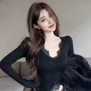 VJWK雞心領(lǐng)時(shí)尚打底衫v字領(lǐng)女內搭秋冬季欲性感v領(lǐng)上衣女假兩件長(cháng)袖t 黑色-德絨 L 建議100-110斤