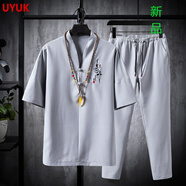 UYUK國風(fēng)中國風(fēng)套裝男唐裝男潮牌復(fù)古外套中式漢服古裝冰絲短袖T恤男青年 TZ025灰色 XL