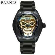 柏尼時(shí)（PARNIS）時(shí)尚潮男士手表 骷髏手表男 全自動(dòng)機(jī)械表 皮帶夜光防水男表女表 黑殼金鬼頭－精致鋼帶－黑色