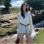 沐霓鏤空針織衫女2025春設計感氣質(zhì)上衣川西草原大西北旅游慵懶風(fēng)罩衫 寬松顯瘦V領(lǐng)上衣米白均碼 均碼 【85-130斤】 不含腰帶