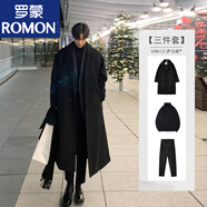 羅蒙（ROMON）中長款風(fēng)衣男秋冬季過膝英倫風(fēng)毛呢大衣休閑套裝加厚仿仿羊絨 黑色毛呢大衣+毛衣+西裝褲【三件 XL