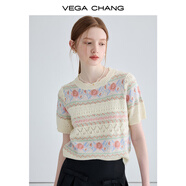 VEGA CHANG提花針織衫女春季2026年新款法式小眾鏤空休閑短袖上衣 提花條紋 M