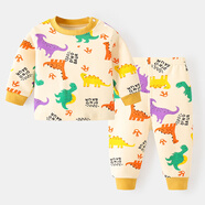 嬰兒衣服家居服新款打底套裝睡衣秋裝男春秋女寶寶秋衣秋褲冬裝 杏色滿(mǎn)印恐龍 100