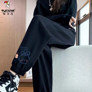 啄木鳥(niǎo)運動(dòng)褲子女春夏新款大尺碼潮流寬松顯瘦束腳褲休閑薄款衛褲女 黑色【春秋款】 L 105-115斤