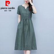 皮爾卡丹（pierre cardin）大l碼2024新款韓版抽繩收腰氣質(zhì)顯瘦短袖中長(zhǎng)裙女純色棉麻連衣裙 墨綠色 L (建議100-115斤)