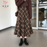 凱安尼（KAIANNI）毛呢格子半身裙女秋冬新款寬松復(fù)古英倫風(fēng)中長款高臀a字長裙 咖啡色 M