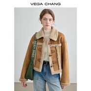 VEGA CHANG皮毛一體短外套女2025年秋冬寬松顯瘦曠野美拉德毛絨保暖夾克外套 布朗棕（短款） M