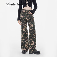 古由卡（GUUKA）HERO美式復古迷彩喇叭褲女秋新款 潮牌個(gè)性上窄下寬設計褲子寬松 迷彩 M