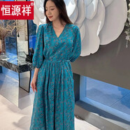 恒源祥棉綢連衣裙女夏日收腰薄款甜美碎花V領(lǐng)大擺人造棉度假沙灘長裙子 西西里(口袋版) XL 裙長120cm 162高內(nèi)