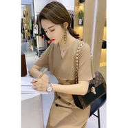 UJXW 女職業(yè)裝套裙名媛風(fēng)荷葉邊雪紡連衣裙女2021夏淑女風(fēng)中長款斗篷雙排扣風(fēng)衣裙子 卡其色 S 建議85-98斤左右