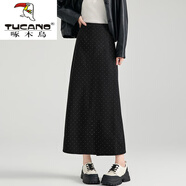 啄木鳥（TUCANO）黑色波點毛呢半身裙女秋冬2025新款高腰顯瘦a字后開叉包臀長裙子 黑色 XL