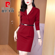皮爾卡丹紅色西裝領(lǐng)職業(yè)連衣裙長(zhǎng)袖早春2025新款女神范氣質(zhì)高端顯瘦A字裙 酒紅色 XL