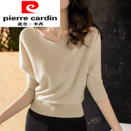 皮爾卡丹（pierre cardin）專(zhuān)柜氣質(zhì)顯瘦V領(lǐng)套頭針織衫春季新款時(shí)尚蝙蝠袖打底衫毛衣女 杏色 XL _119-128斤