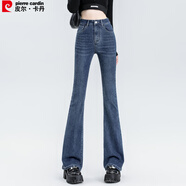 皮爾卡丹牛仔褲女夏季修身顯瘦休閑收腰百搭寬松顯高微喇褲子復古藍S碼