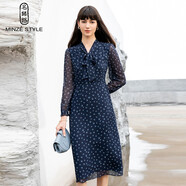 名師路a字裙雪紡連衣裙薄款早秋新款甜美波點(diǎn)長(cháng)袖中長(cháng)裙圓點(diǎn)A字裙 58藏青 M