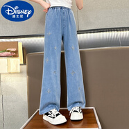 迪士尼（Disney）女童秋季薄款軟牛仔褲子女2025新款高腰窄版兒童闊腿褲女大童直筒 藍(lán)色雪花(夏季薄款)  170 (適合160-165cm，13歲)