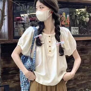 GOCHIEI甜美蕾絲拼接短袖襯衫女夏季設計感上衣減齡粉色寬松泡泡袖娃娃衫 米白色 M 91-100斤