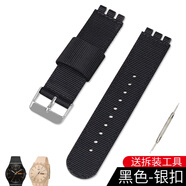 適配原裝斯沃琪SWATCH系列手表帶尼龍帆布表帶男女表鏈17 19 20mm swatch(CF)純黑色銀扣 20mm